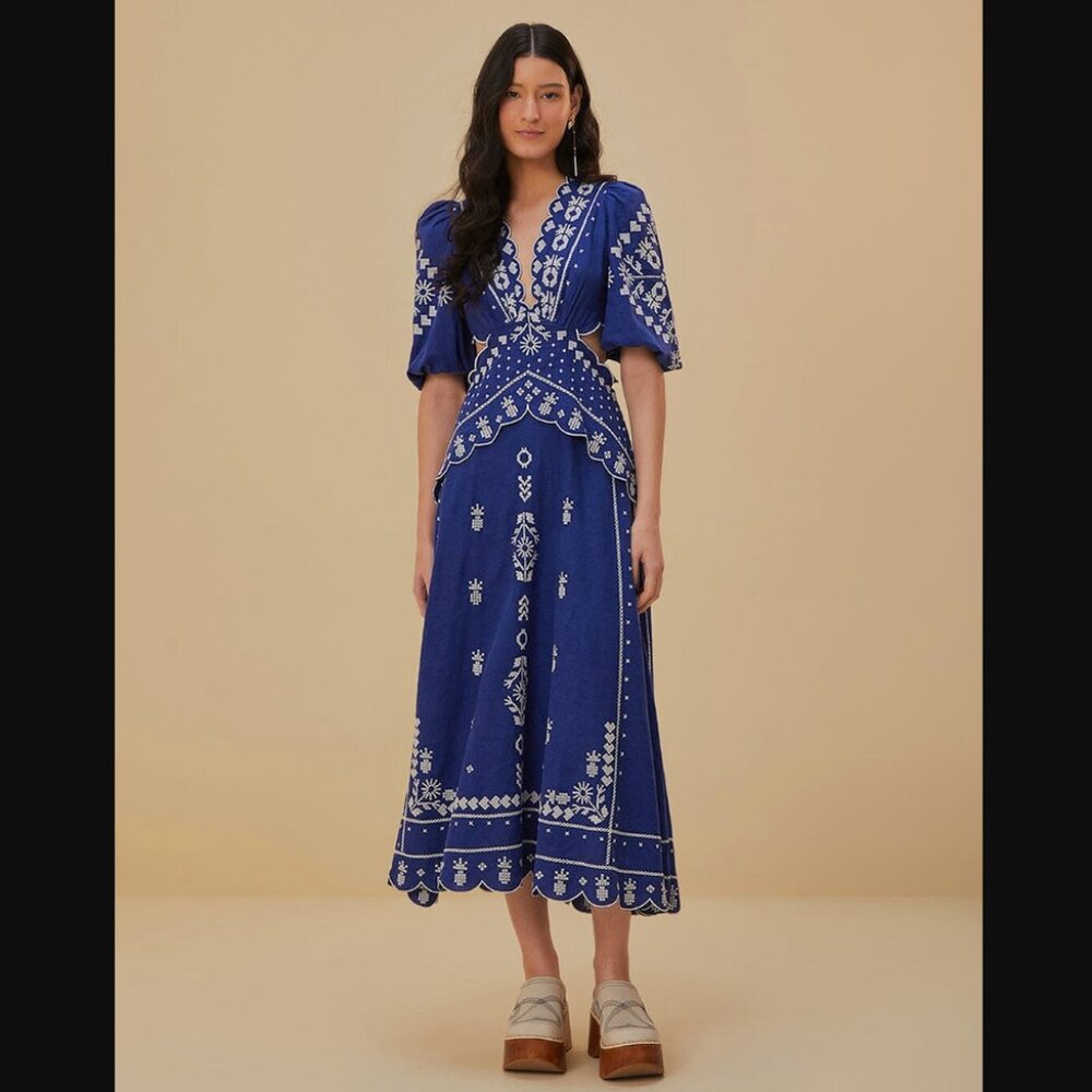 NWT FARM Rio Navy Blue Embroidered Cut-Out Midi Dress